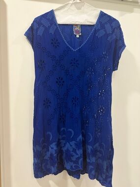 Johnny Was Cobalt Blue Eyelet V-Neck Tunic